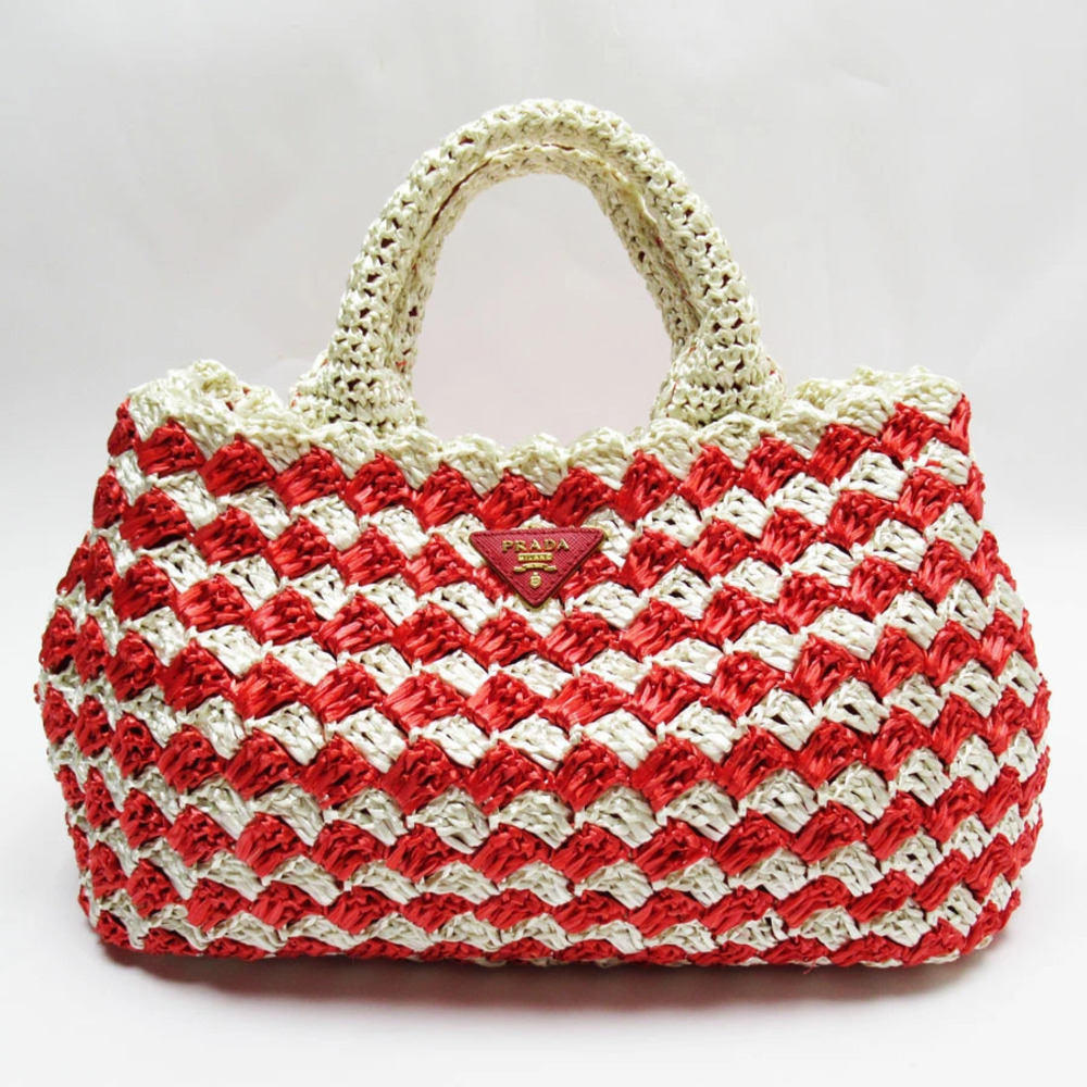 Prada Canapa Straw Tan Handbag Off White Red Gold